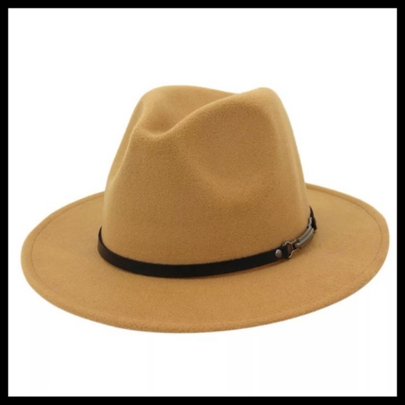 TAN FEDORA WITH BLACK STRAP-STRUCTURED HAT-NEW - Picture 2 of 5